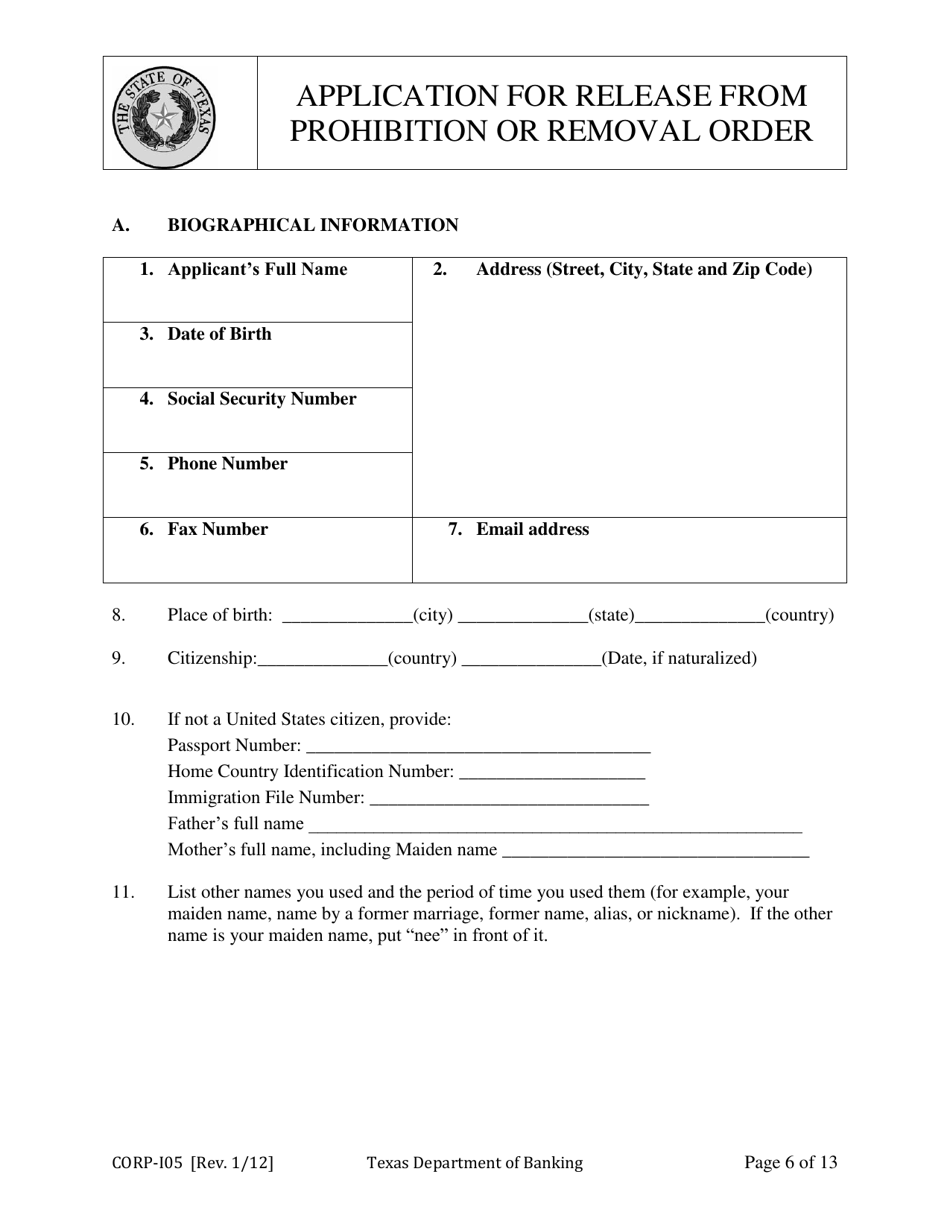 Form CORP-105 Application for Release From Prohibition or Removal Order - Texas, Page 6