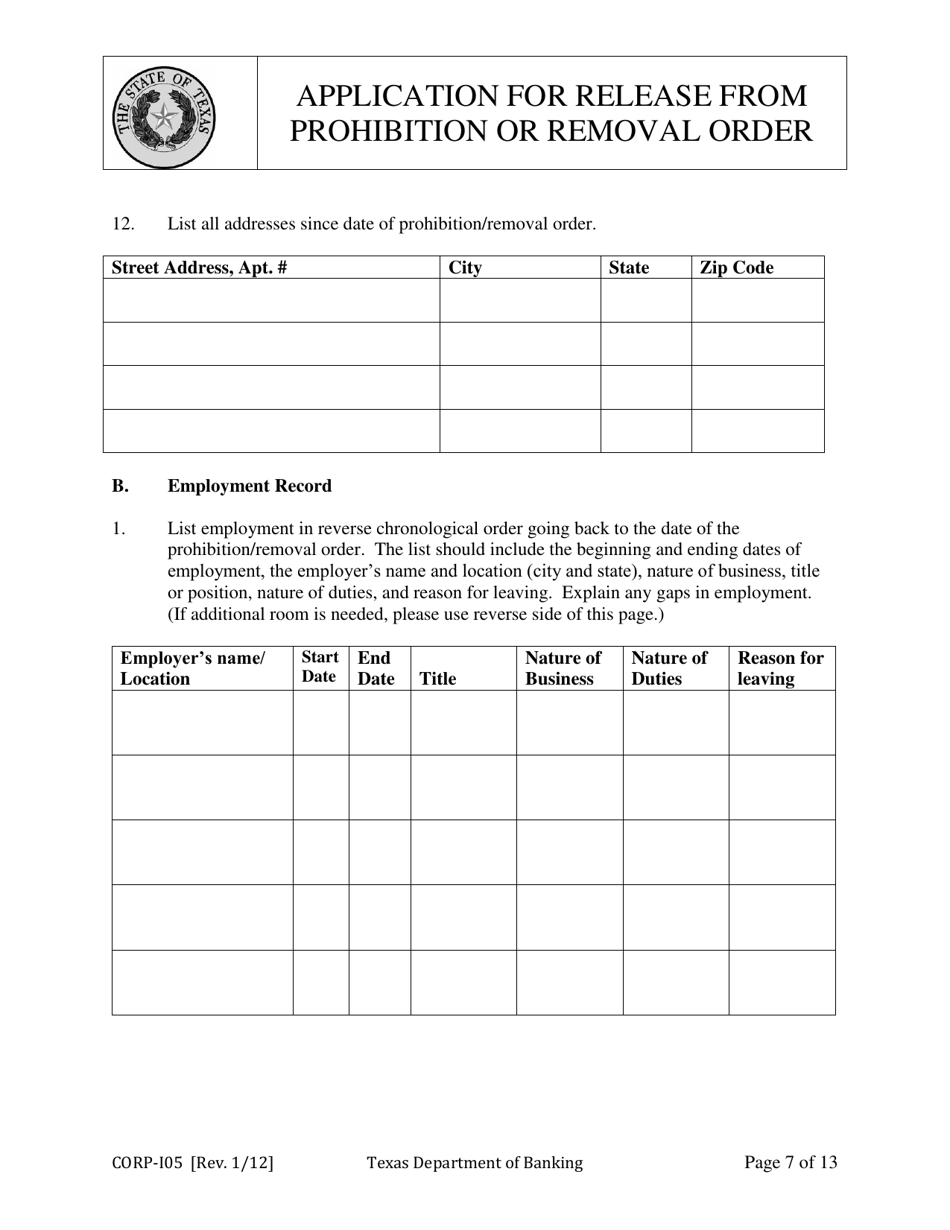 Form CORP-105 Application for Release From Prohibition or Removal Order - Texas, Page 7