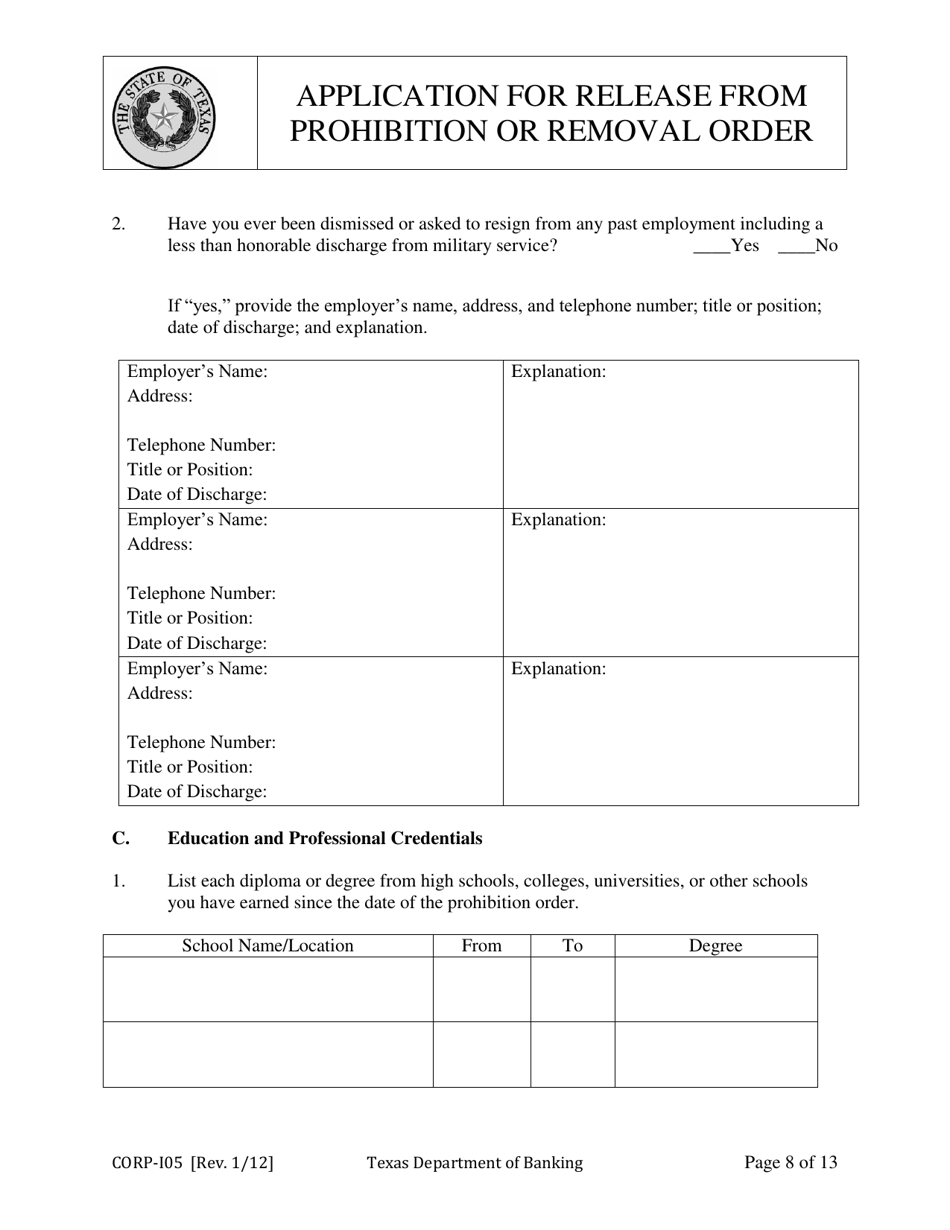 Form CORP-105 Application for Release From Prohibition or Removal Order - Texas, Page 8