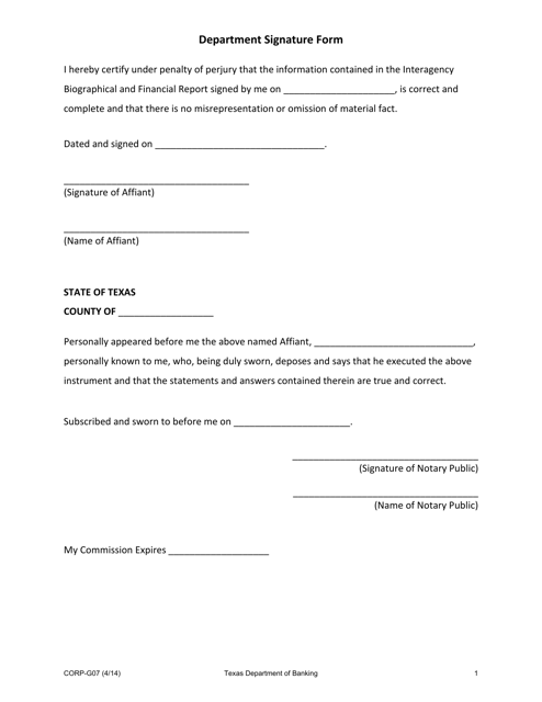 Form CORP-G07 Department Signature Form - Texas