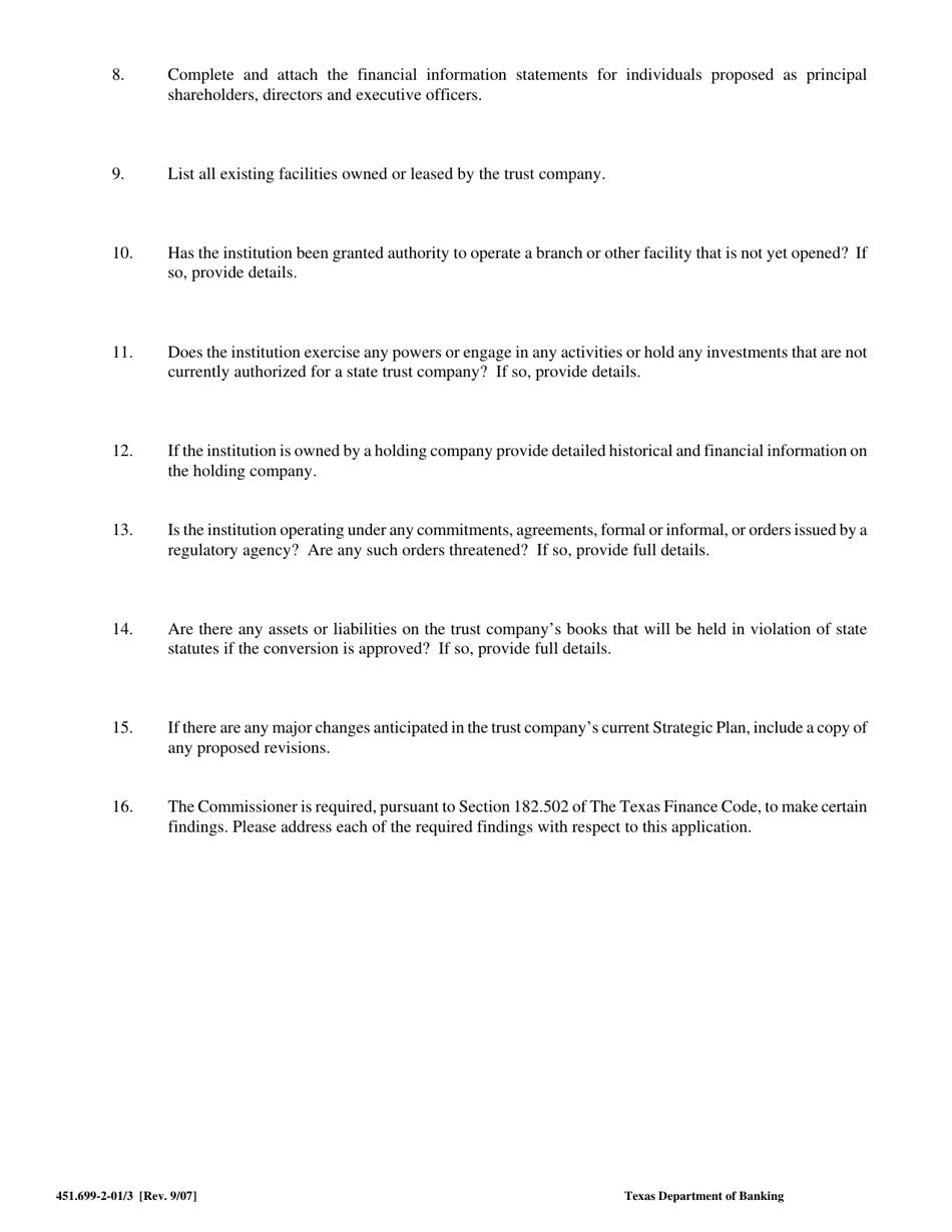 Form 451.699-2-01 Trust Company Conversion Application - Texas, Page 3
