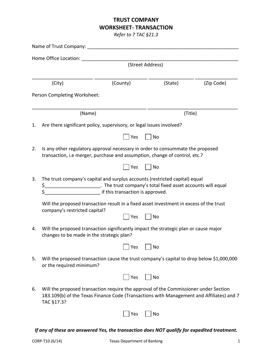 Form CORP-T10 Trust Company Worksheet - Transaction - Texas, Page 1