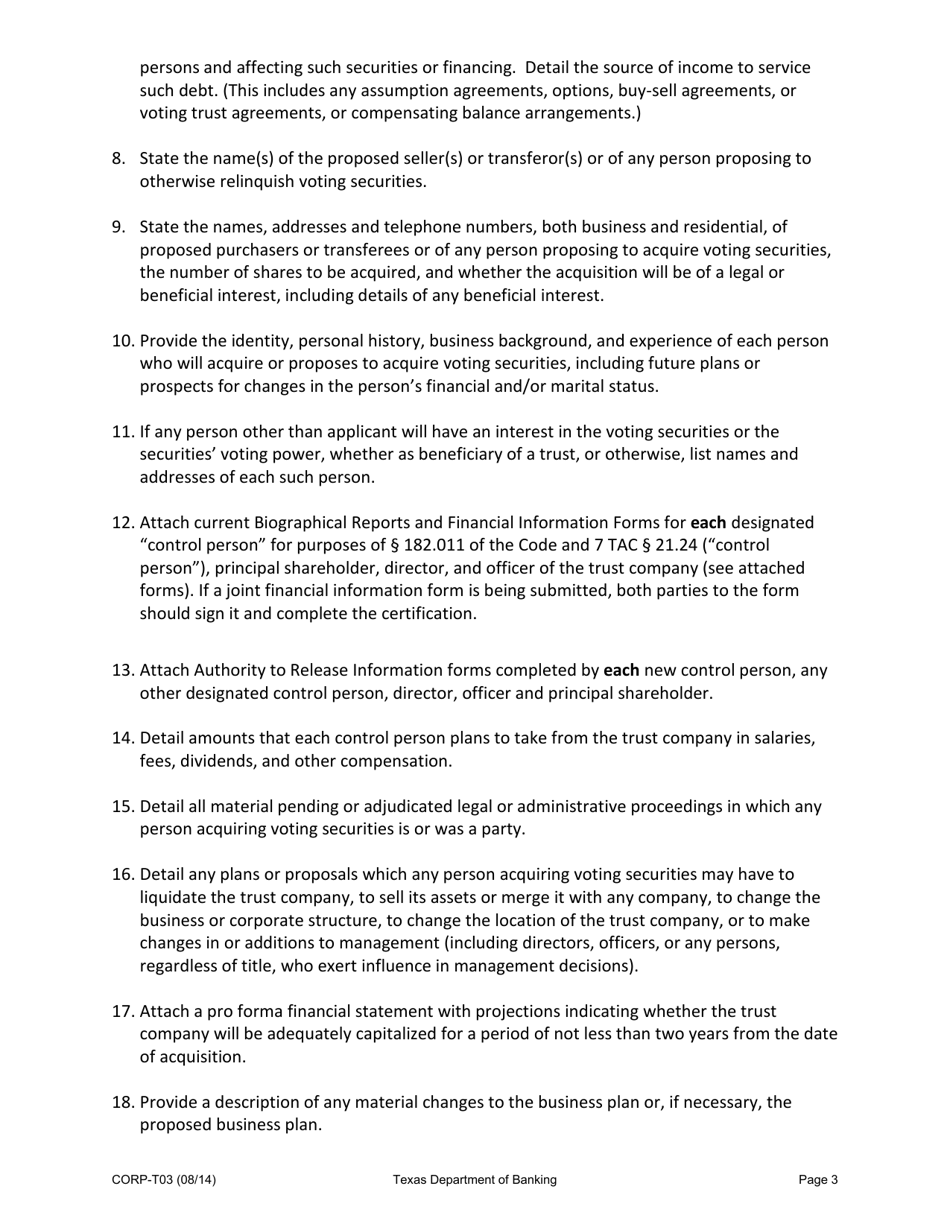 Form CORP-T03 Modified Trust Company Charter Application for Exempt Trust Companies Undergoing a Change of Control - Texas, Page 3