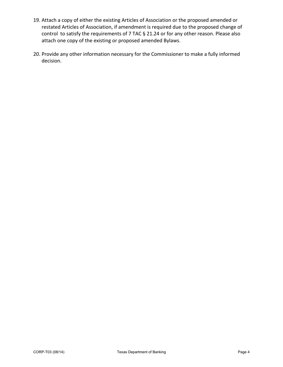 Form CORP-T03 Modified Trust Company Charter Application for Exempt Trust Companies Undergoing a Change of Control - Texas, Page 4