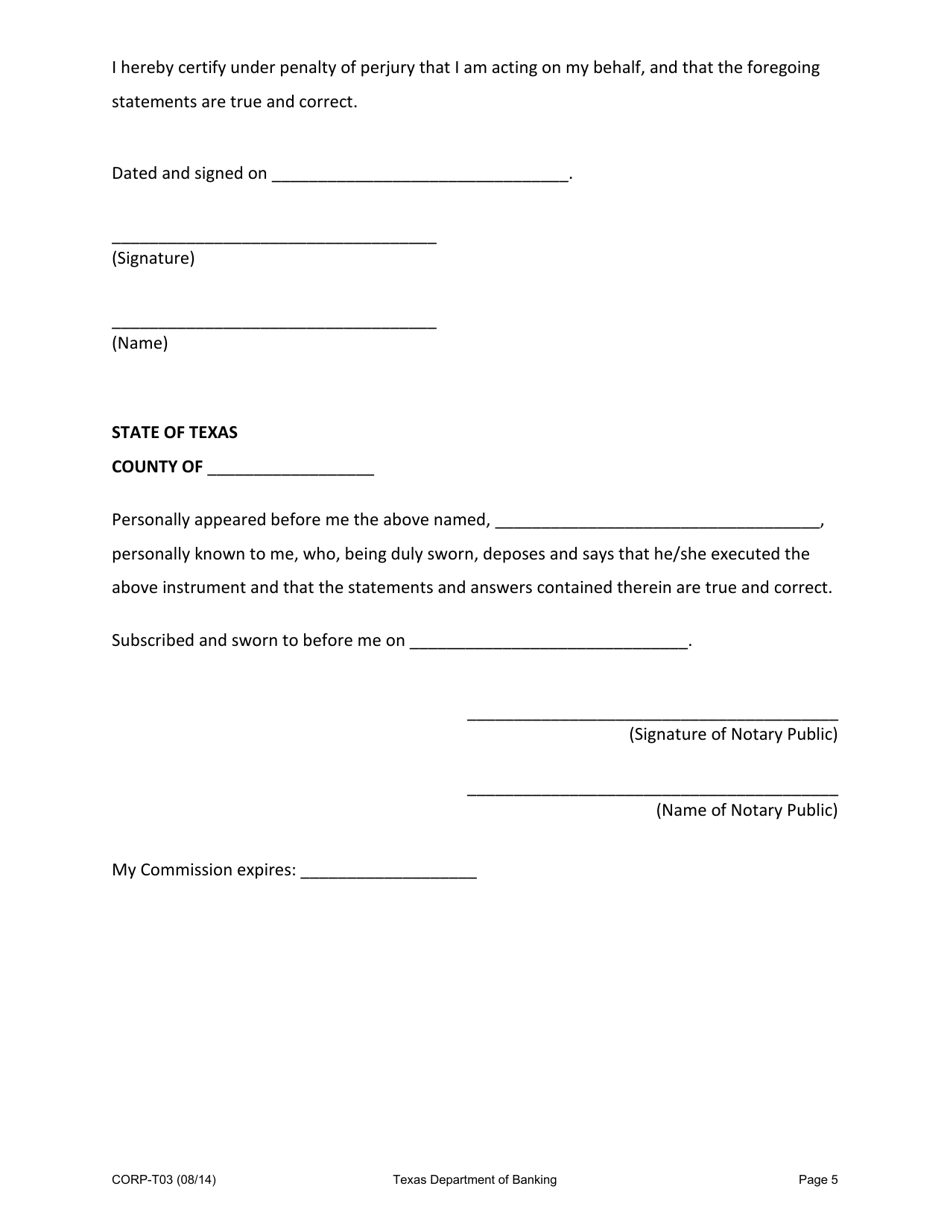 Form CORP-T03 Modified Trust Company Charter Application for Exempt Trust Companies Undergoing a Change of Control - Texas, Page 5