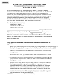 Document preview: Form CORP-B15 Application of a Foreign Bank Corporation for an Initial License to Establish an Agency of Branch in the State of Texas - Texas
