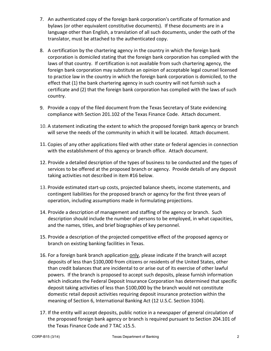 Form CORP-B15 Application of a Foreign Bank Corporation for an Initial License to Establish an Agency of Branch in the State of Texas - Texas, Page 2