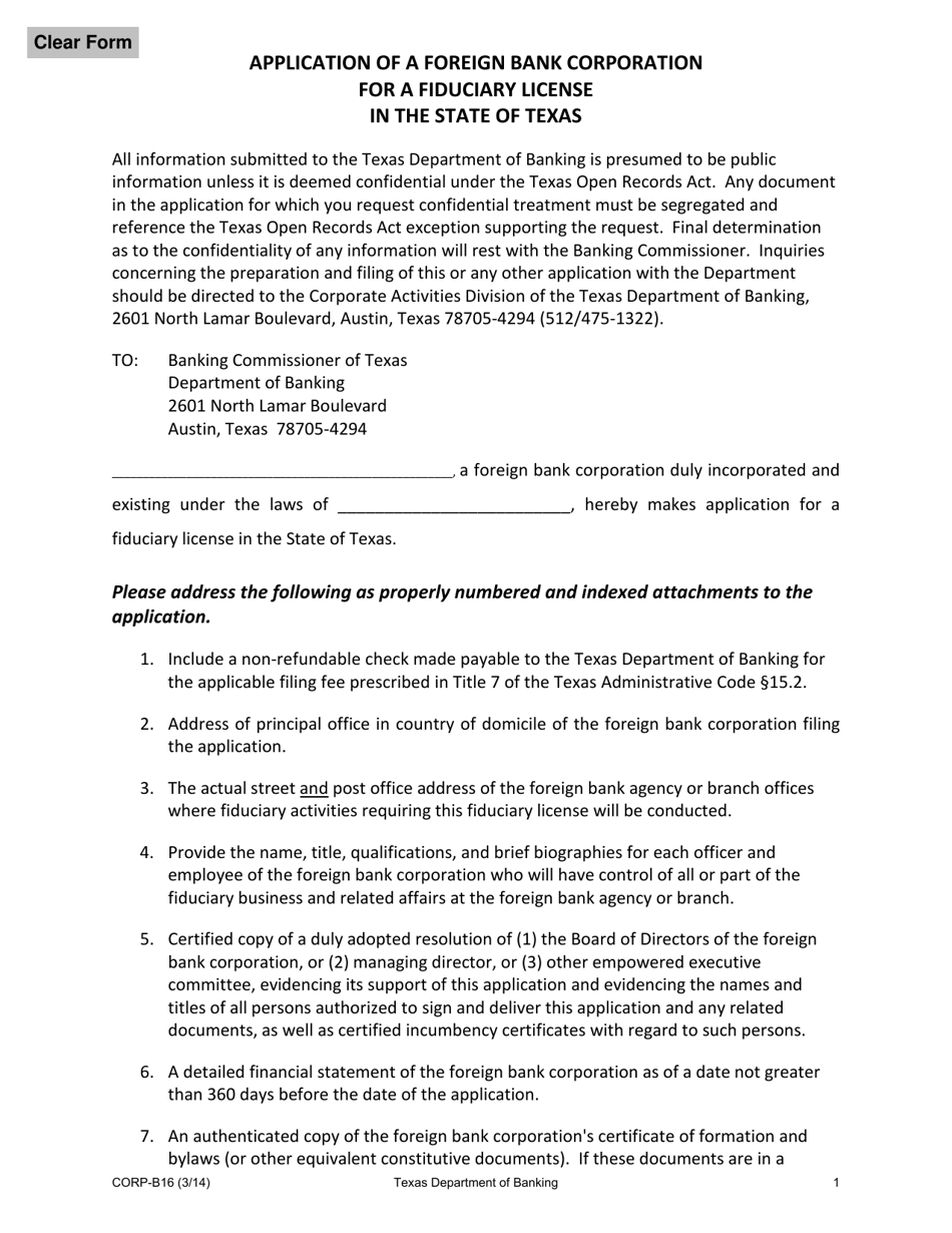 Form CORP-B16 Application of a Foreign Bank Corporation for a Fiduciary License in the State of Texas - Texas, Page 1