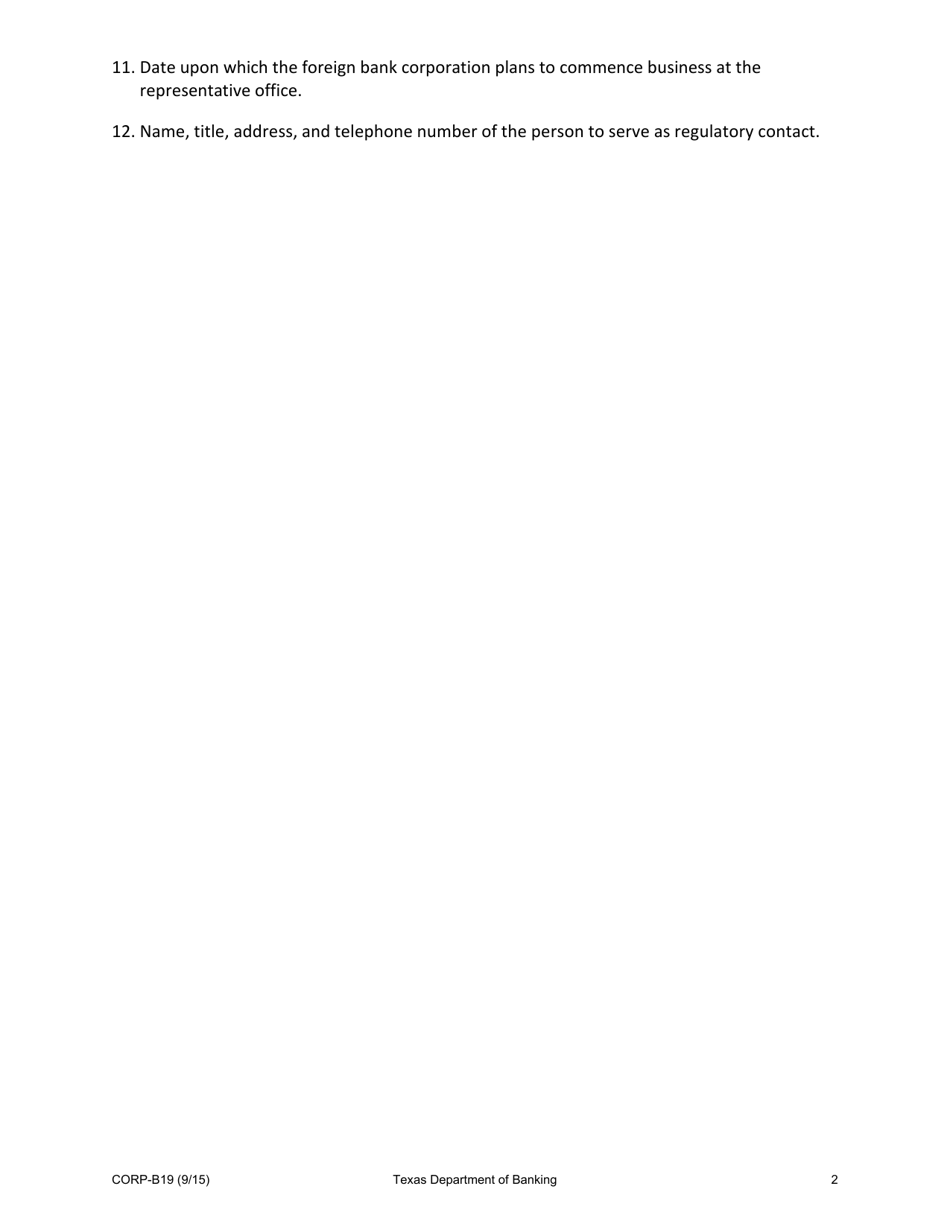 Form CORP-B19 Registration Statement and Filing for a Representative Office(S) of a Foreign Bank Corporation - Texas, Page 2