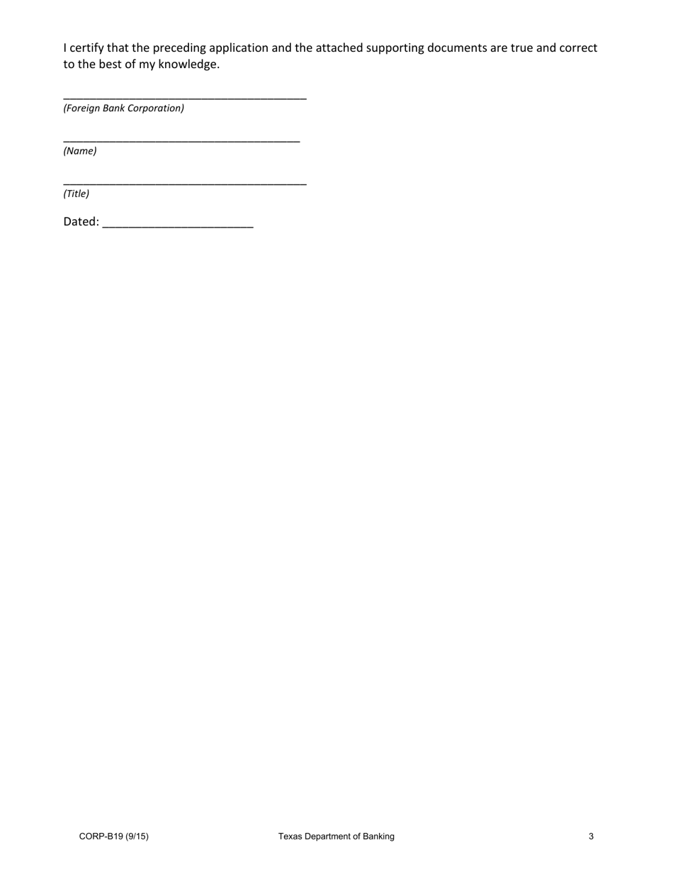 Form CORP-B19 Registration Statement and Filing for a Representative Office(S) of a Foreign Bank Corporation - Texas, Page 3