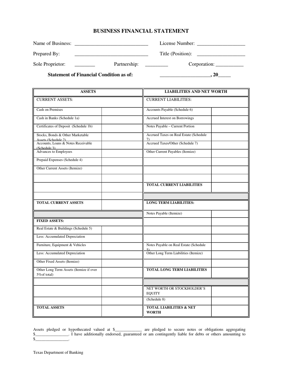 Business Financial Statement - Texas, Page 1