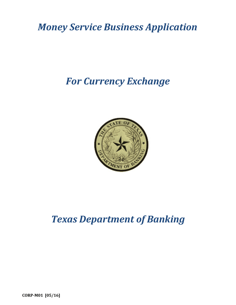 Form CORP-M01 Money Service Business Application for Currency Exchange - Texas, Page 1