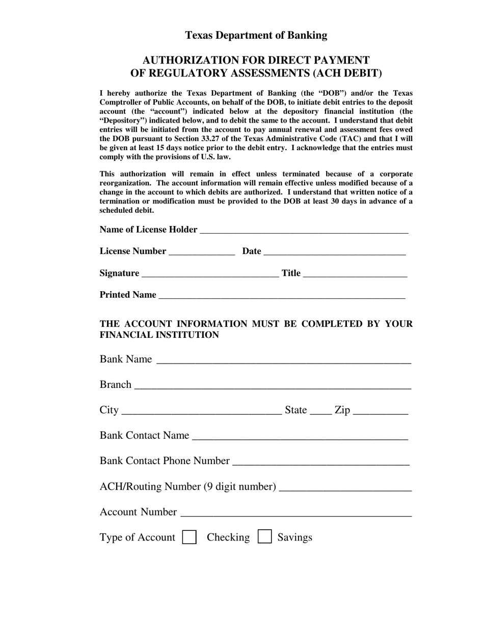 Authorization for Direct Payment of Regulatory Assessments (ACH Debit) - Texas, Page 1