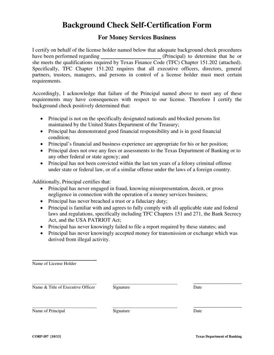 Form CORP-107 Background Check Self-certification Form for Money Services Business - Texas, Page 1