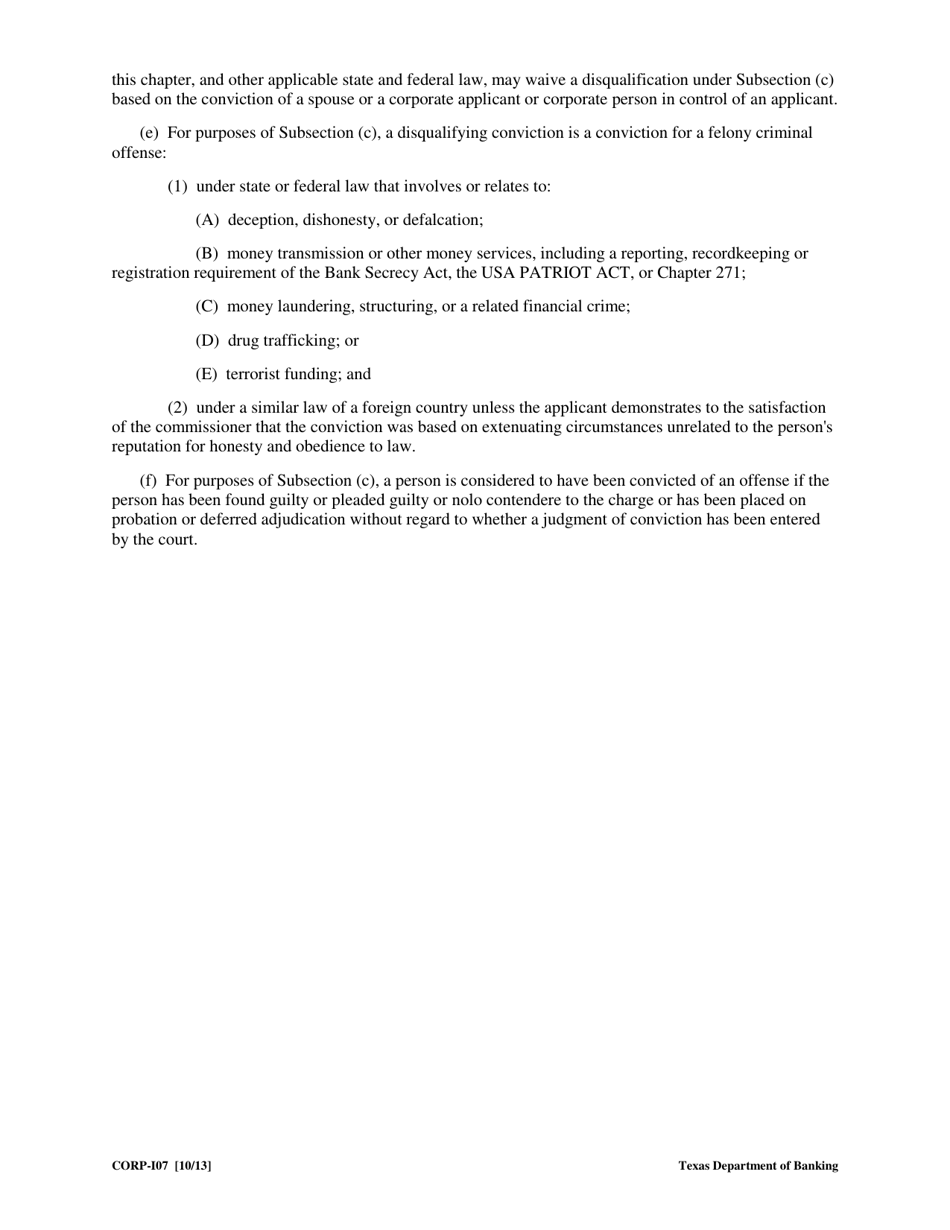 Form CORP-107 Background Check Self-certification Form for Money Services Business - Texas, Page 3