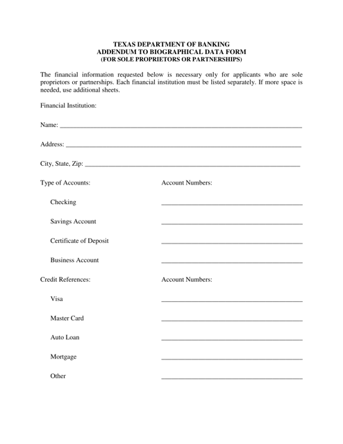 Addendum to Biographical Data Form (For Sole Proprietors or Partnerships) - Texas
