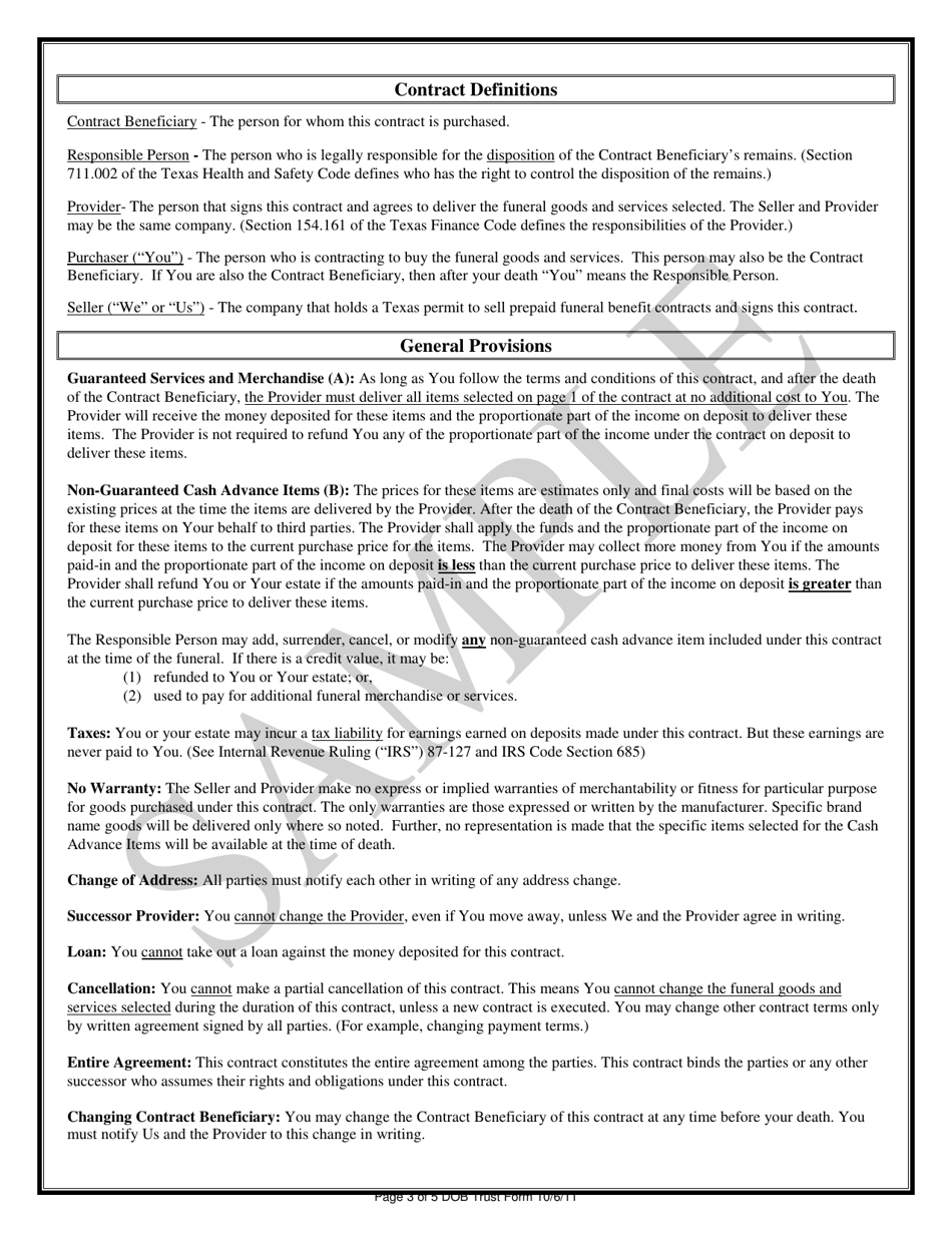 Trust Funded Prepaid Funeral Benefits Contract - Texas, Page 3