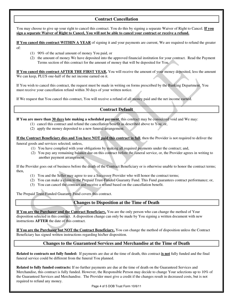 Trust Funded Prepaid Funeral Benefits Contract - Texas, Page 4