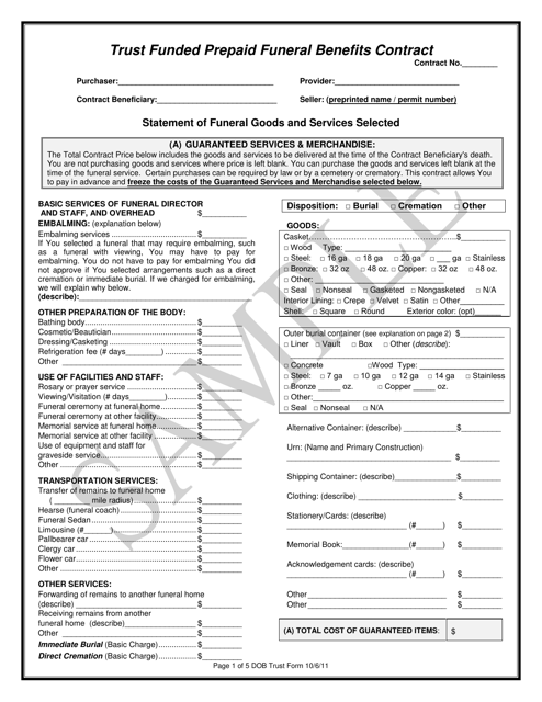 Trust Funded Prepaid Funeral Benefits Contract - Texas Download Pdf