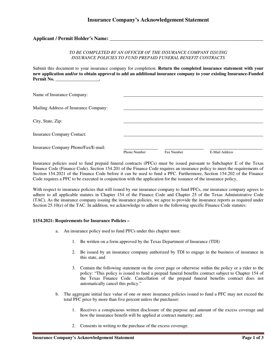 Insurance Companys Acknowledgement Statement - Texas, Page 1