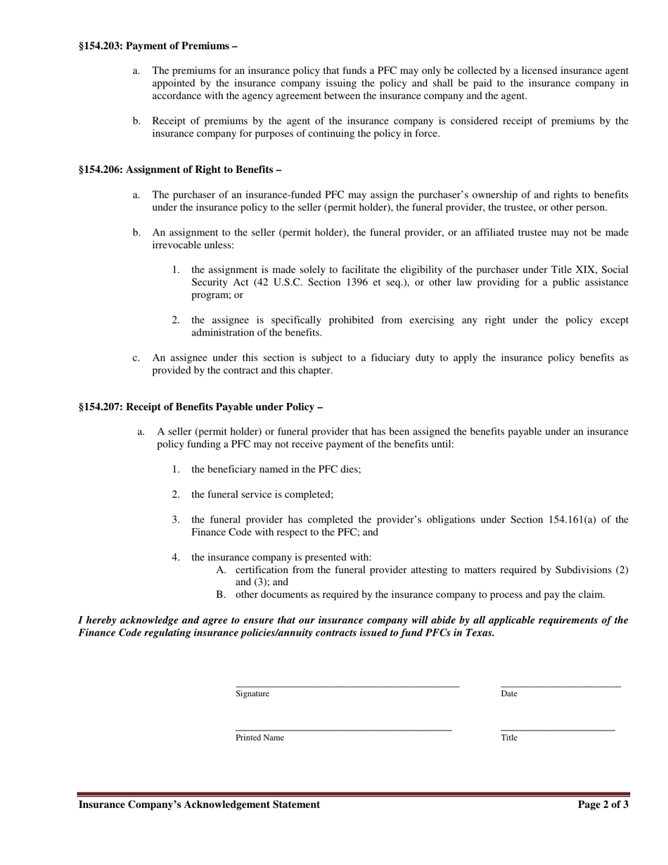 Insurance Companys Acknowledgement Statement - Texas, Page 2