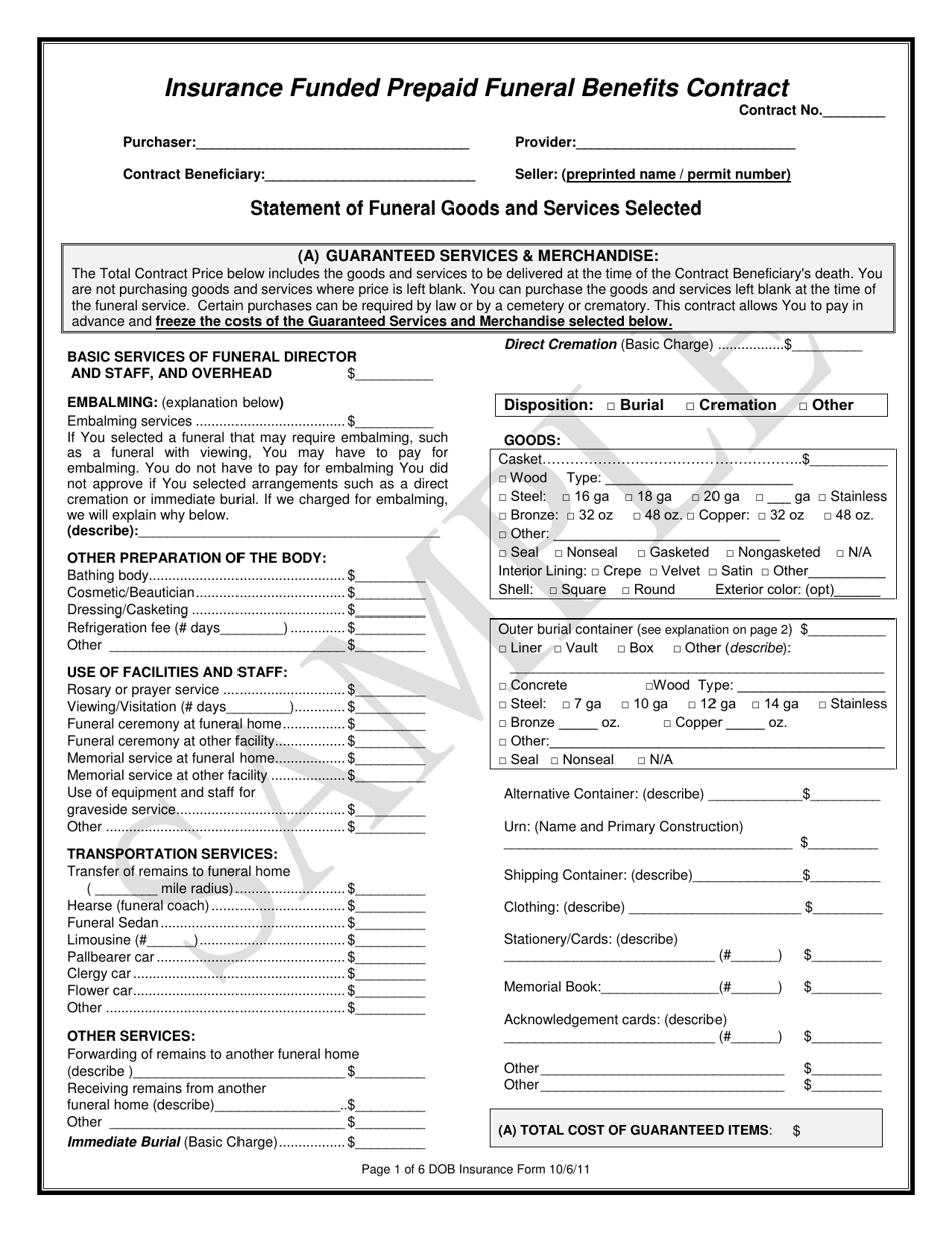 Insurance Funded Prepaid Funeral Benefits Contract - Texas, Page 1