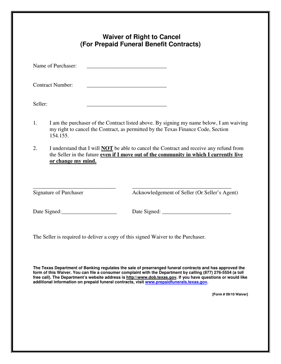 Waiver of Right to Cancel (For Prepaid Funeral Benefit Contracts) - Texas, Page 1