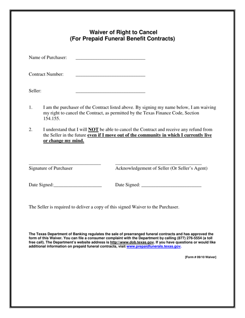 Waiver of Right to Cancel (For Prepaid Funeral Benefit Contracts) - Texas