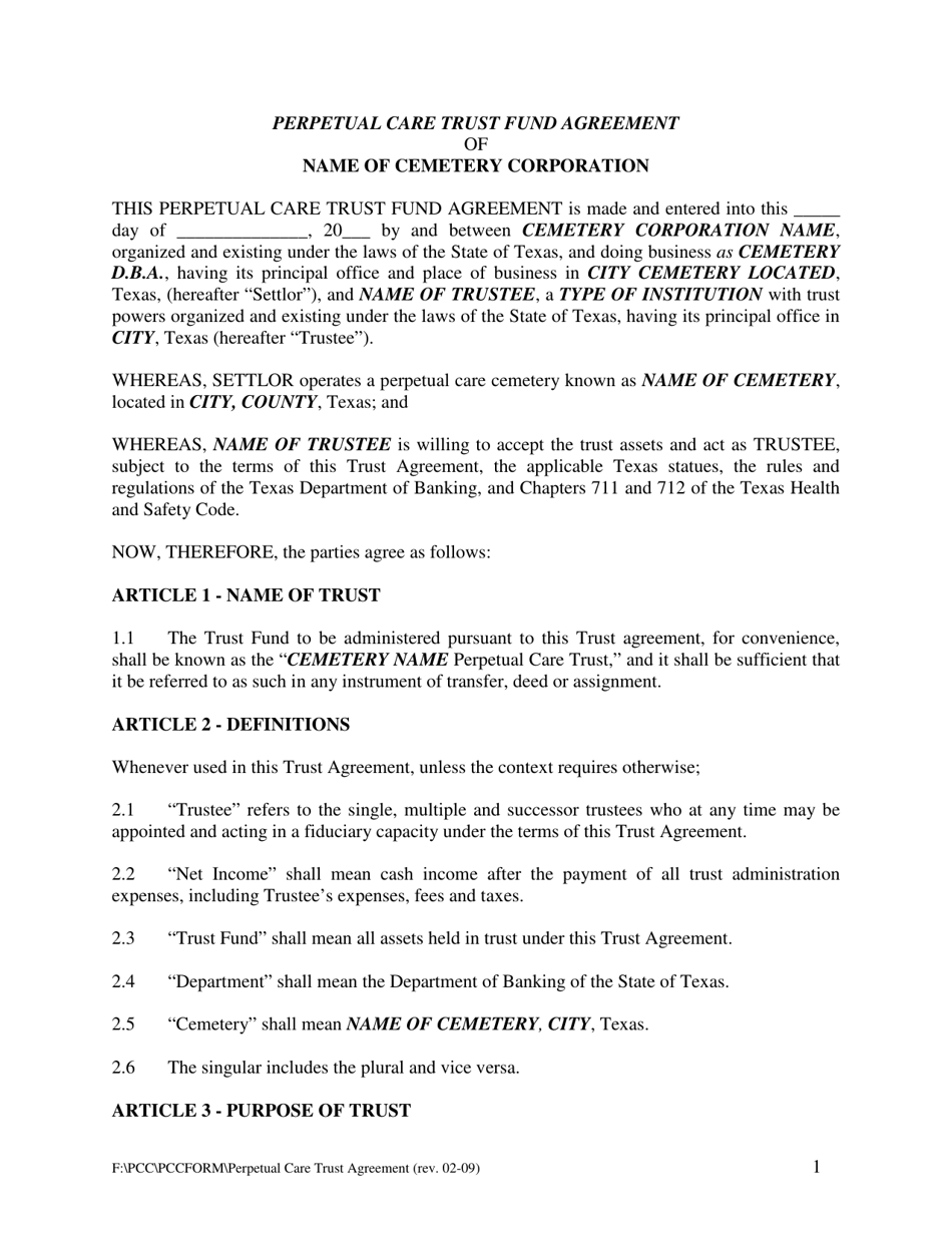 Perpetual Care Trust Fund Agreement - Texas, Page 1