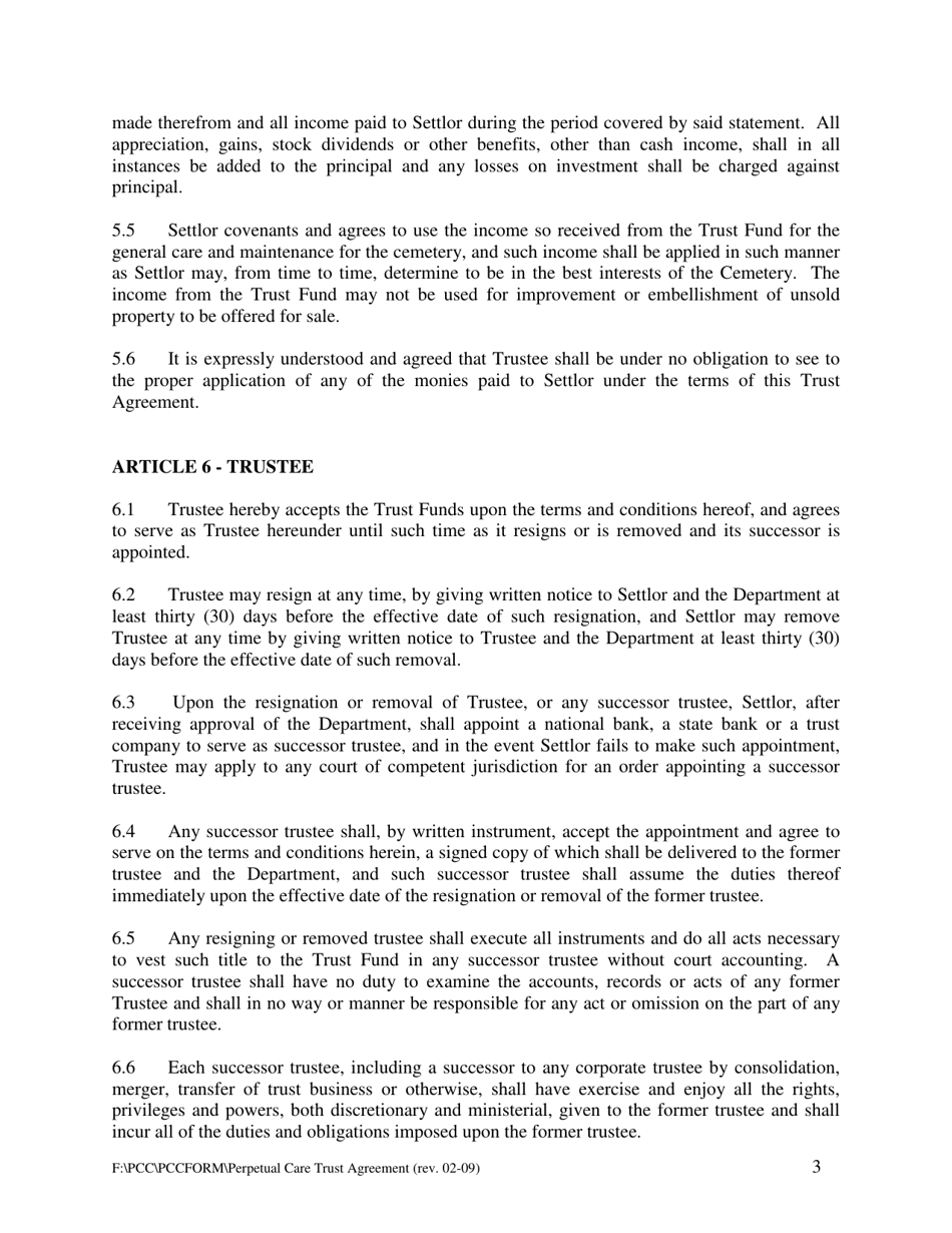 Perpetual Care Trust Fund Agreement - Texas, Page 3