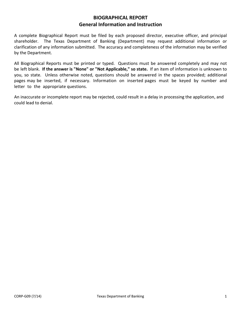 Form CORP-G09 Biographical Report - Texas, Page 1