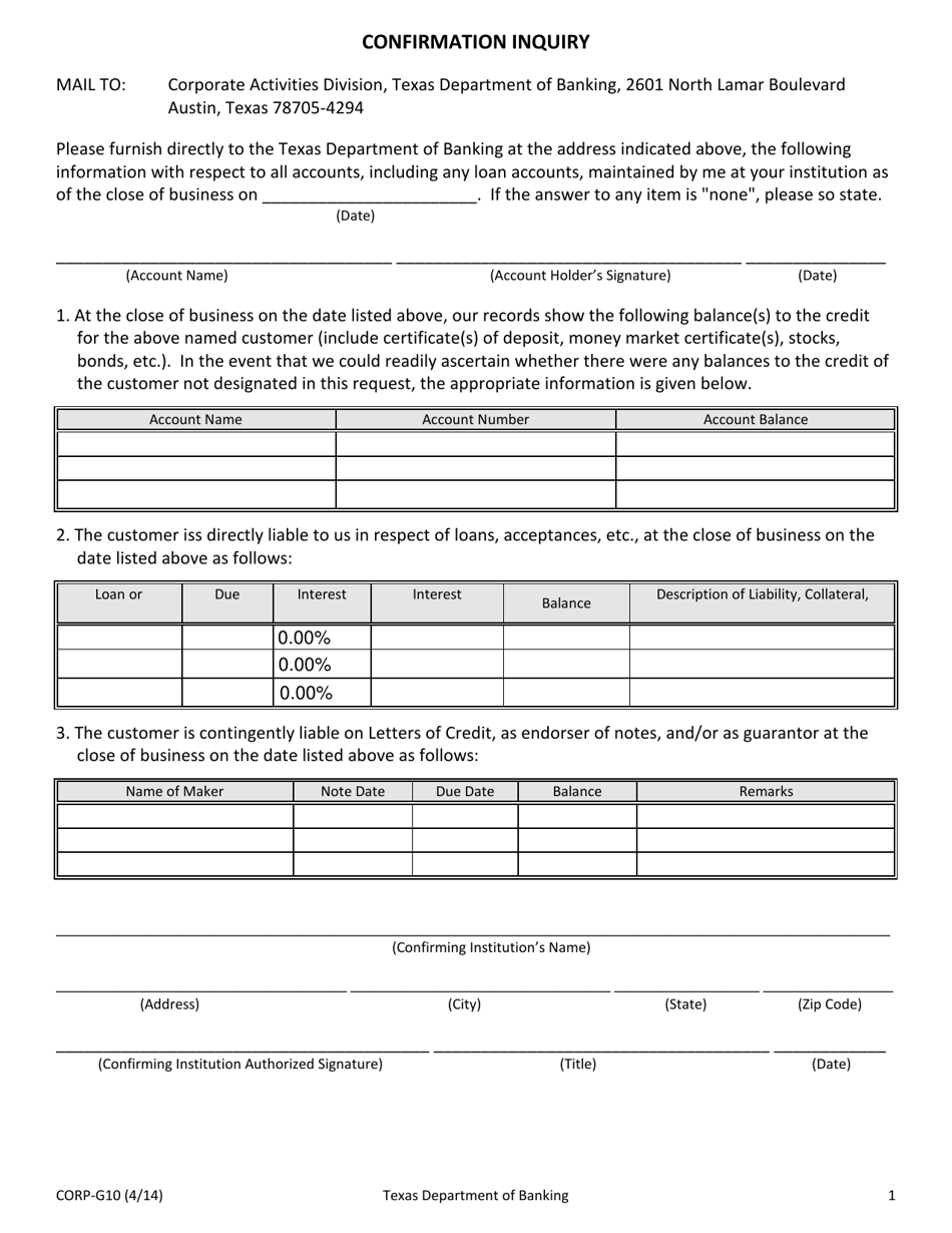 Form CORP-G10 Confirmation Inquiry - Texas, Page 1