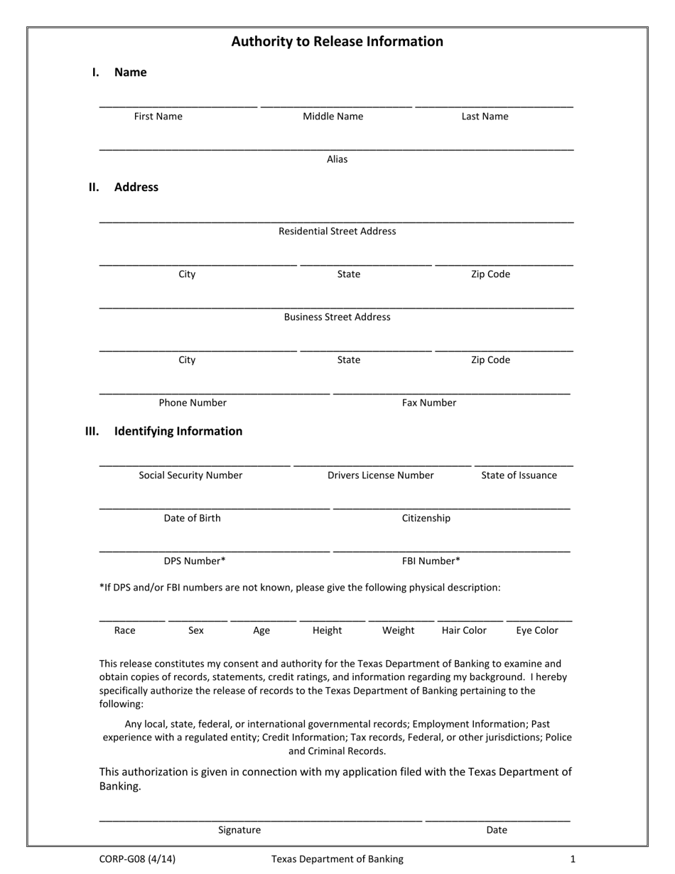 Form CORP-G08 Authority to Release Information - Texas, Page 1