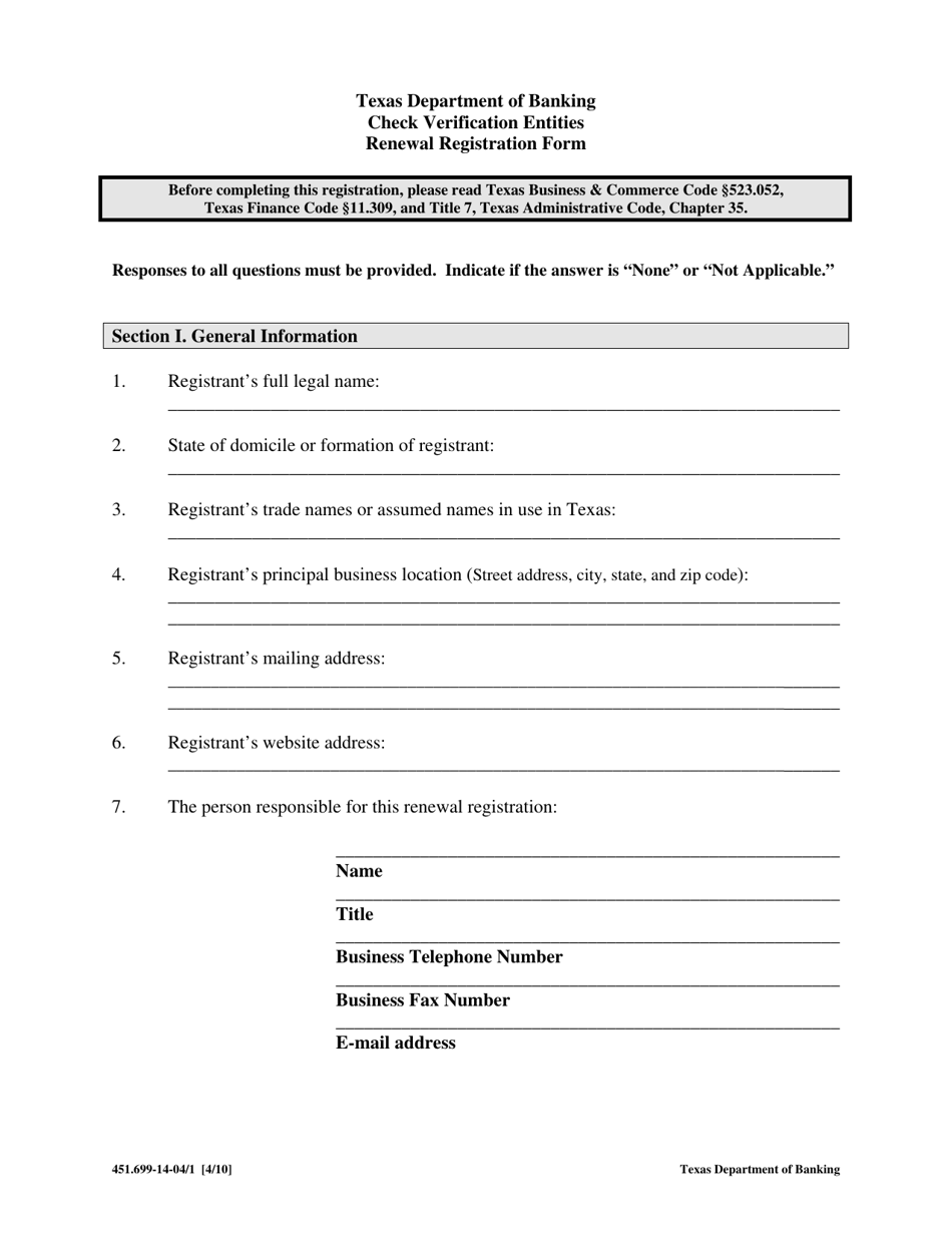 Form 451.699-14-04 Check Verification Entities Renewal Registration Form - Texas, Page 1