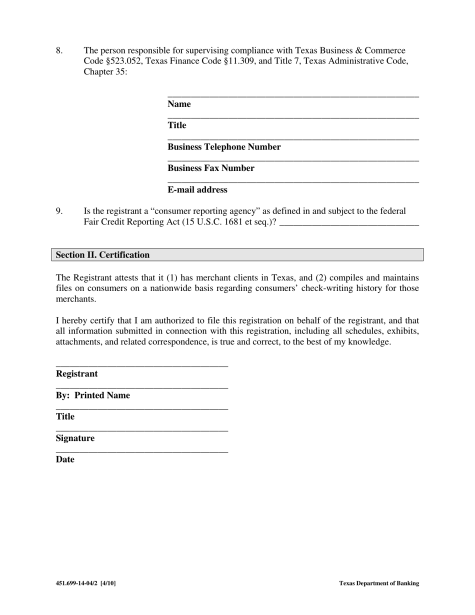 Form 451.699-14-04 Check Verification Entities Renewal Registration Form - Texas, Page 2