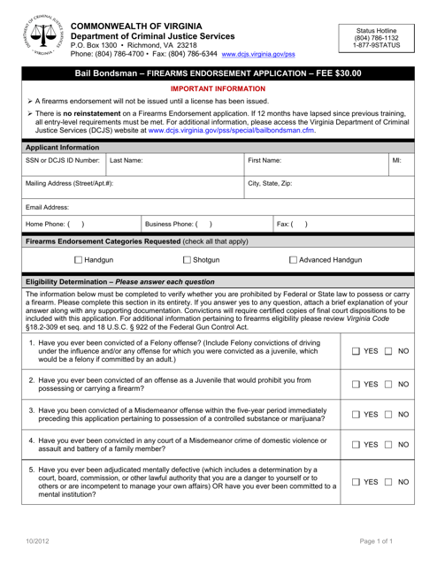 Bail Bondsman - Firearms Endorsement Application Form - Virginia Download Pdf