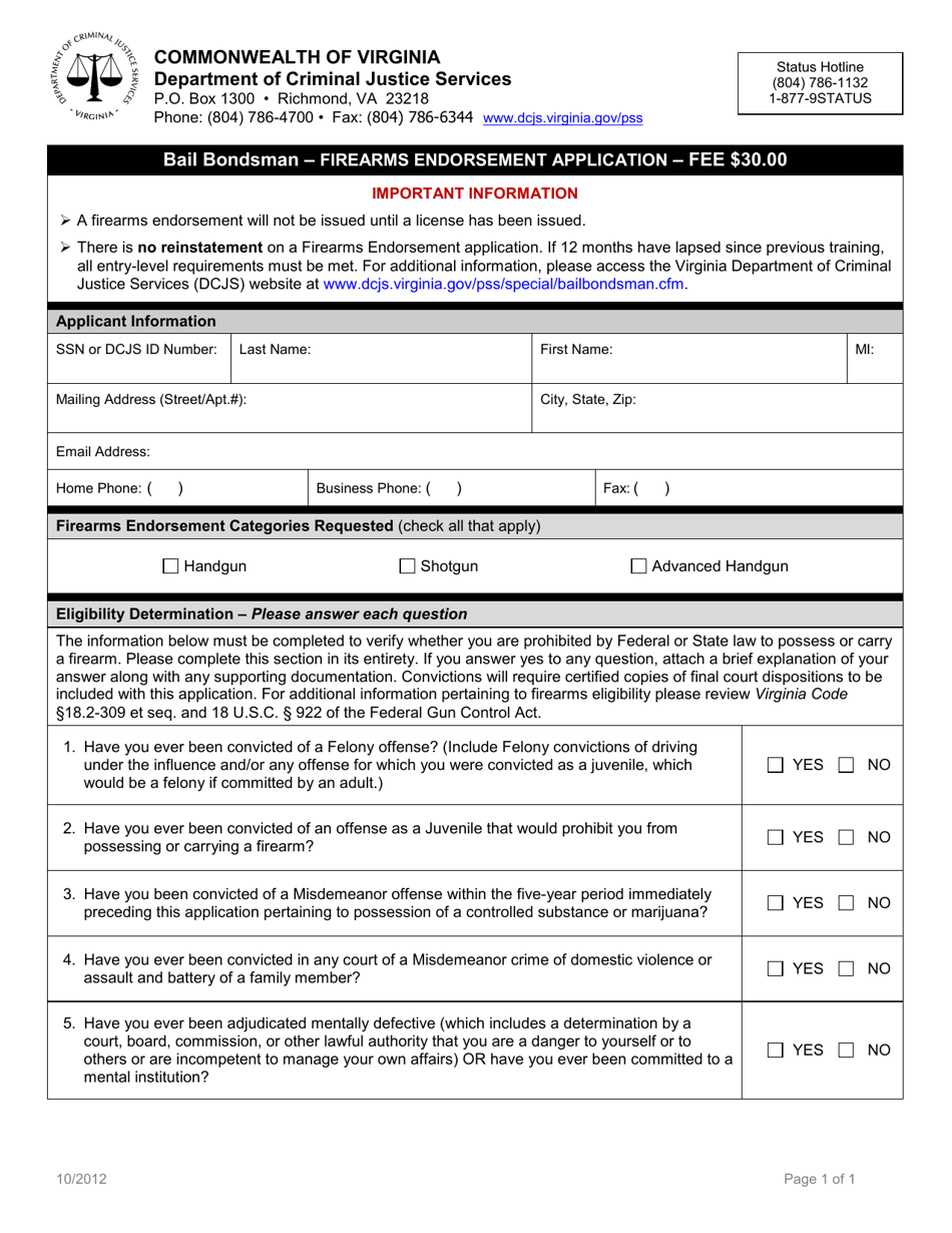 Bail Bondsman - Firearms Endorsement Application Form - Virginia, Page 1