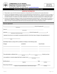 Document preview: Bail Bondsman " Recovery Authorization Form - Virginia
