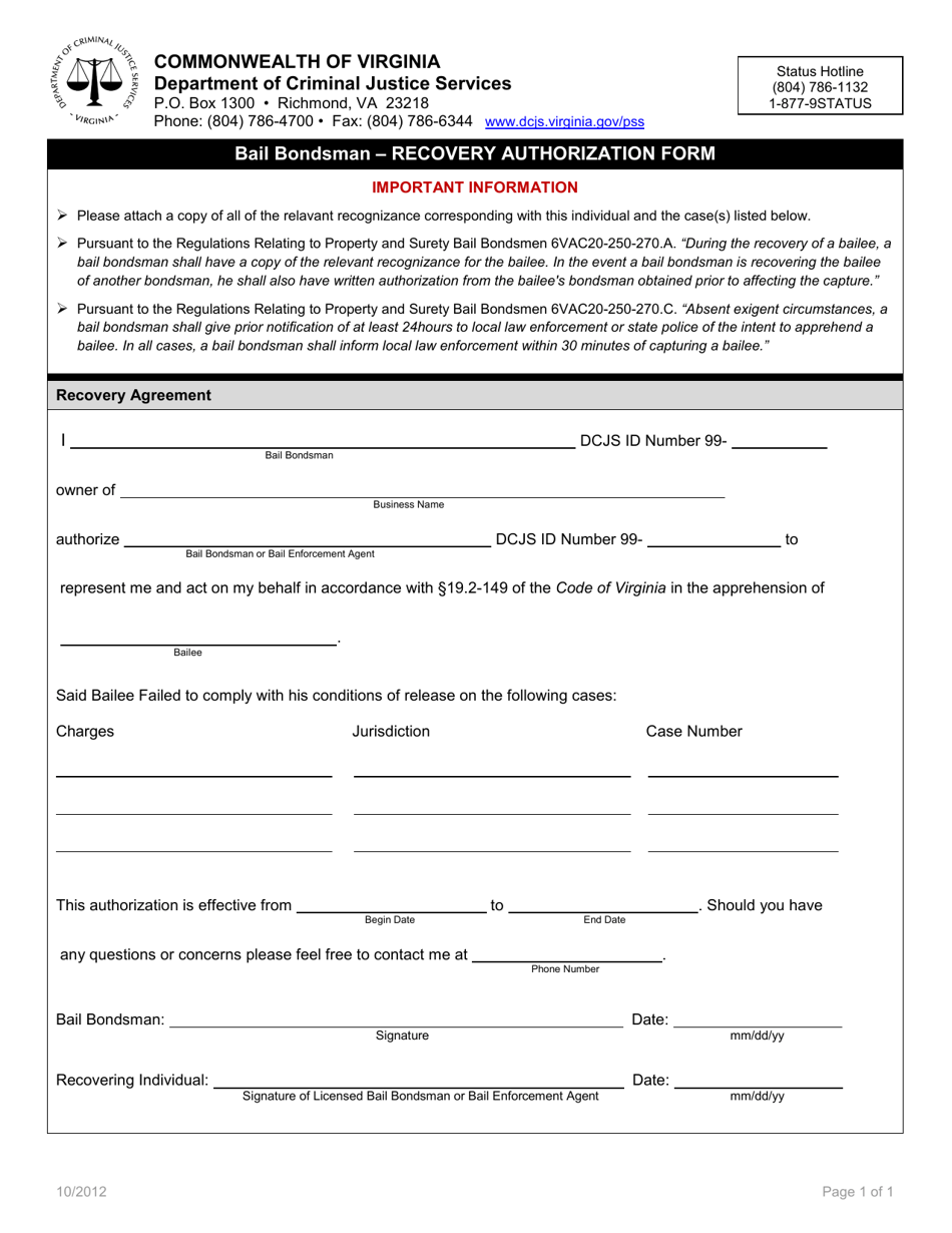 Virginia Bail Bondsman " Recovery Authorization Form Fill Out, Sign