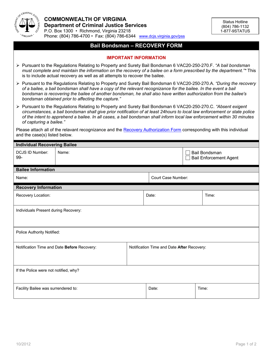 Virginia Bail Bondsman Recovery Form Download Fillable Pdf Templateroller