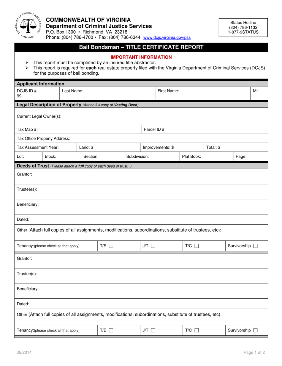 Bail Bondsman - Title Certificate Report Form - Virginia, Page 1