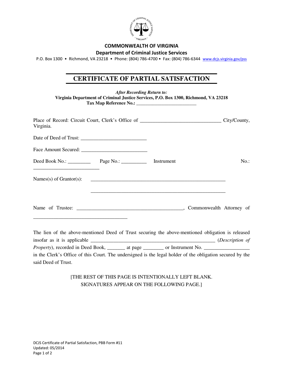 PBB Form 11 Certificate of Partial Satisfaction - Virginia, Page 1