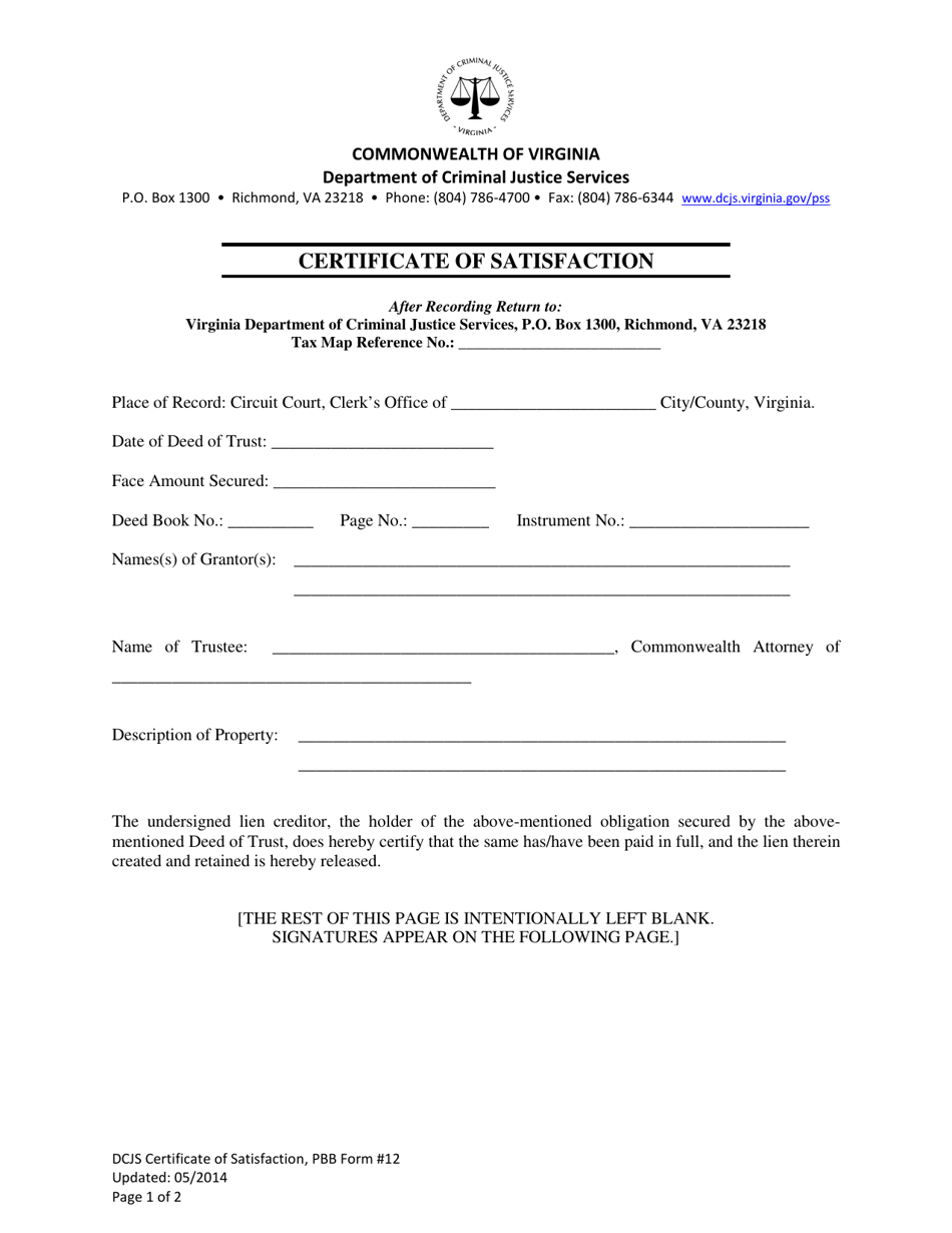 PBB Form 12 Certificate of Satisfaction - Virginia, Page 1