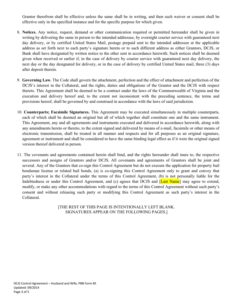 PBB Form 5 Control Agreement  Husband and Wife - Virginia, Page 3