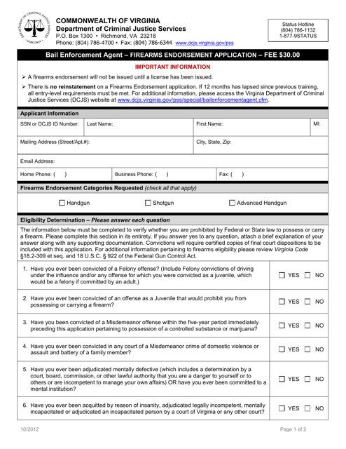 Bail Enforcement Agent - Firearms Endorsement Application Form - Virginia