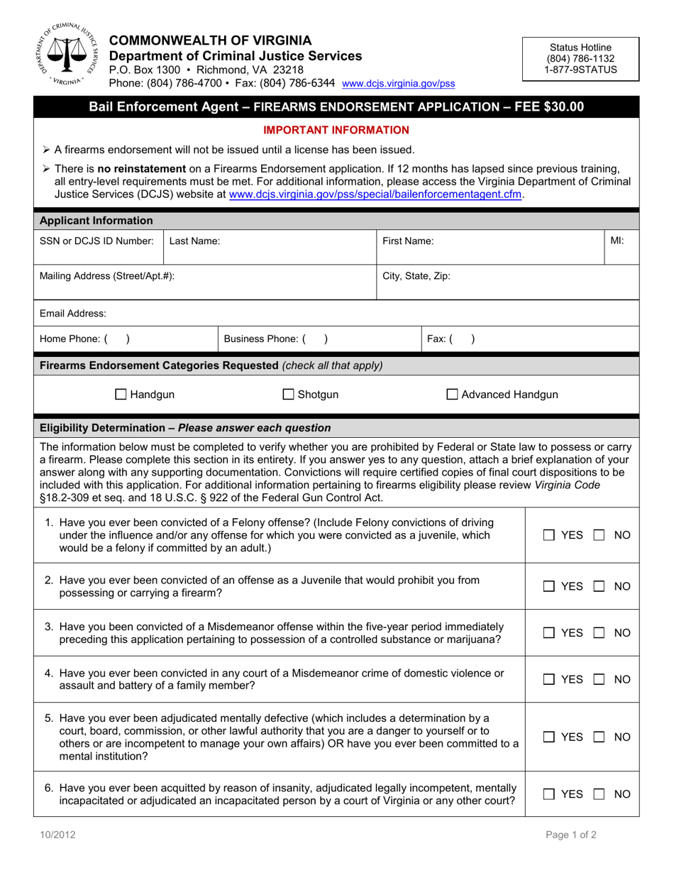 Bail Enforcement Agent - Firearms Endorsement Application Form - Virginia, Page 1