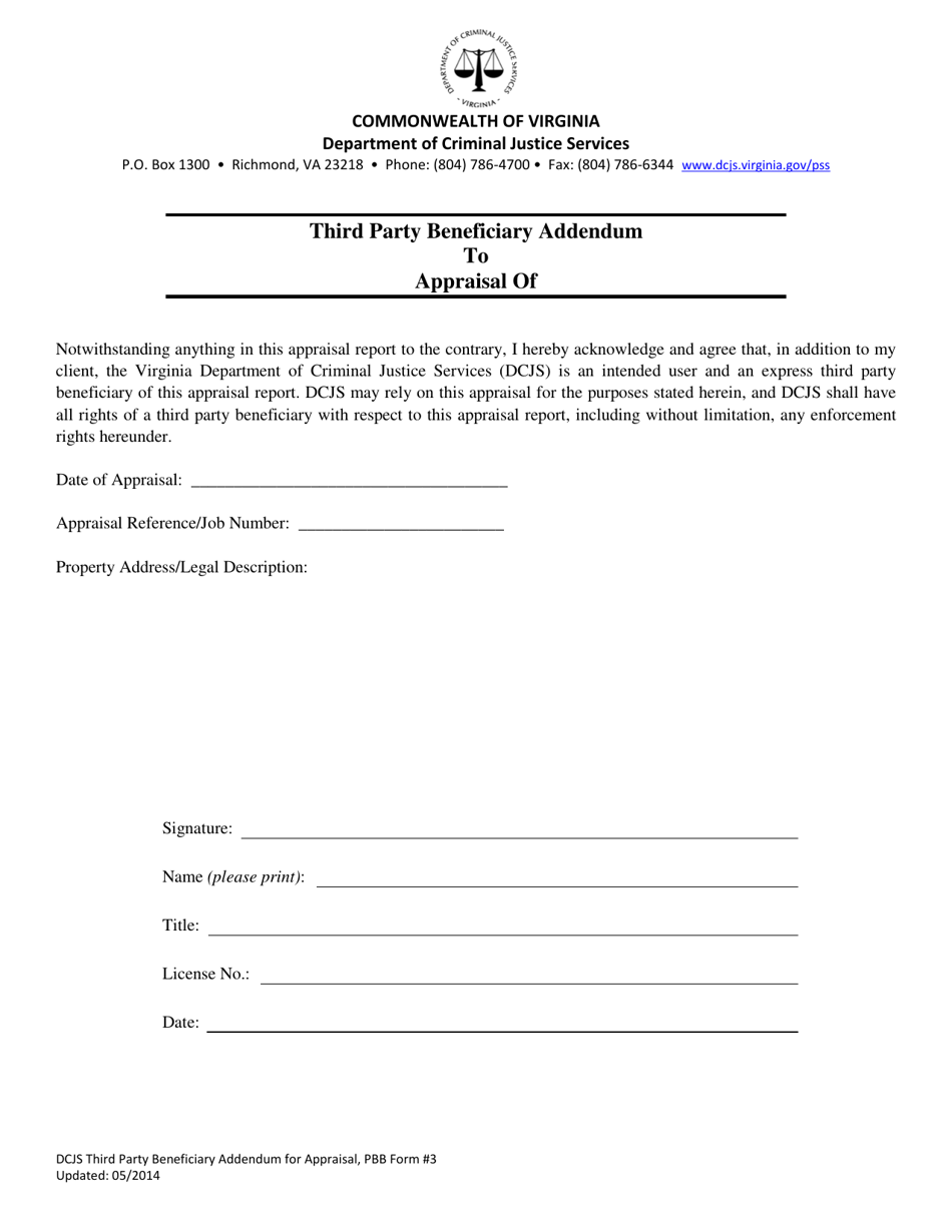 PBB Form 3 Third Party Beneficiary Addendum to Appraisal - Virginia, Page 1