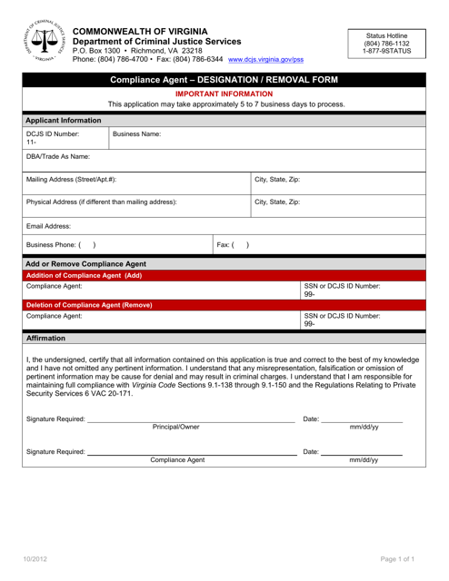 Compliance Agent - Designation / Removal Form - Virginia Download Pdf