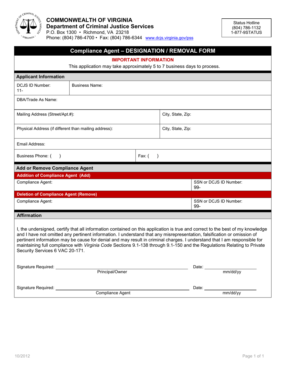 Compliance Agent - Designation / Removal Form - Virginia, Page 1