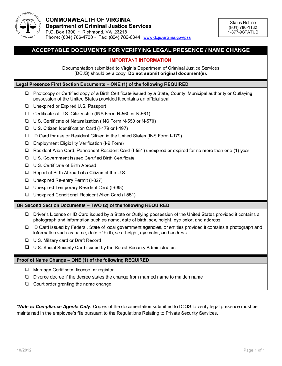 Virginia Acceptable Documents for Verifying Legal Presence/Name Change